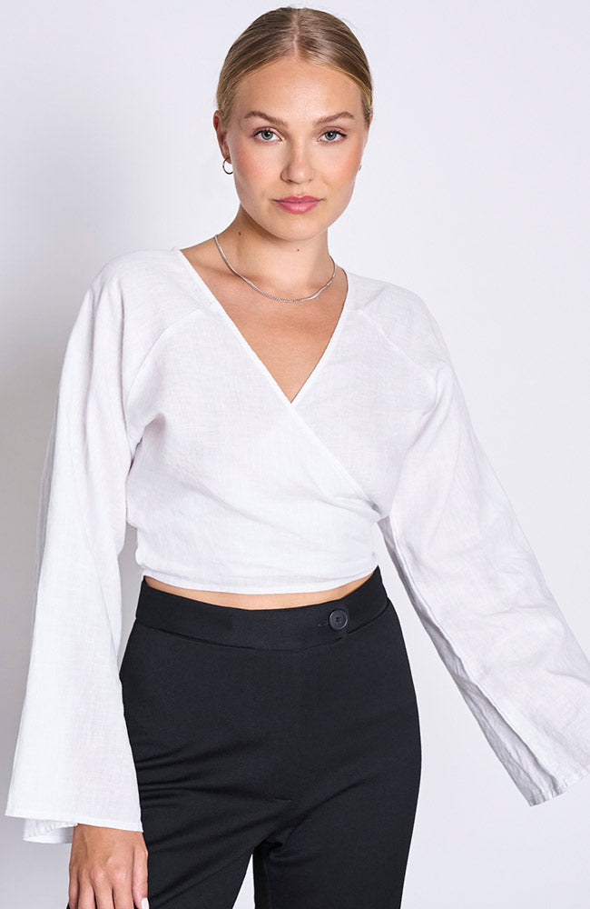 JAN N JUNE Rora wrap blouse white in linen for women | Sophie Stone
