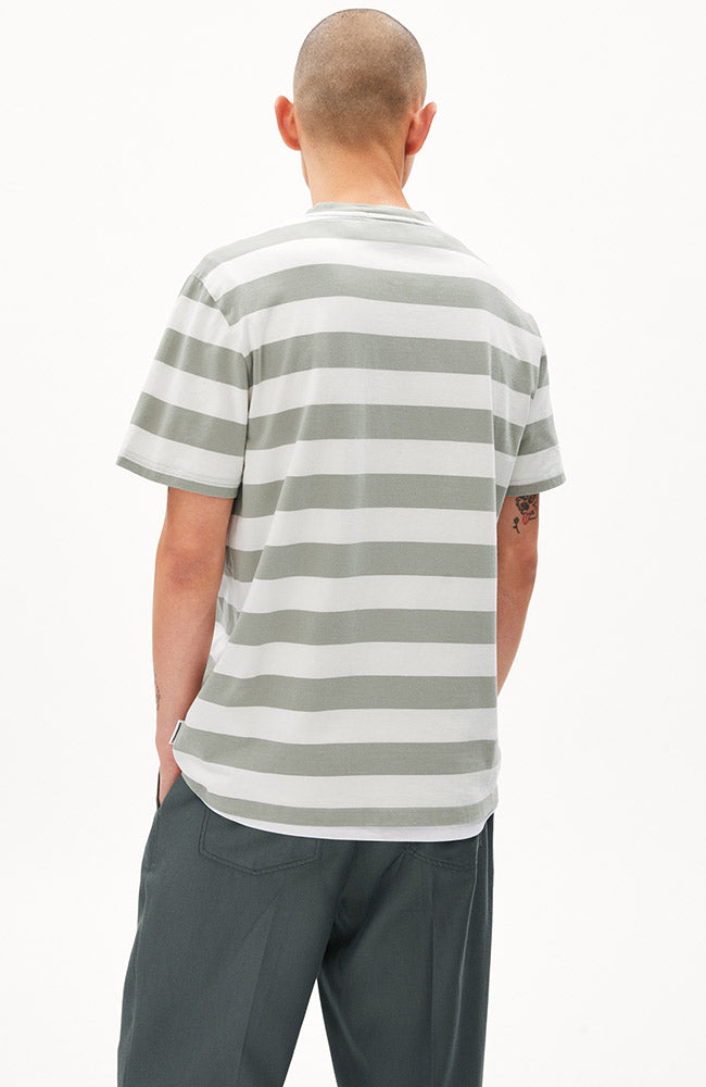ARMEDANGELS | Bahaar stripes oat gray green durable organic cotton t-shirt men | Sophie Stone