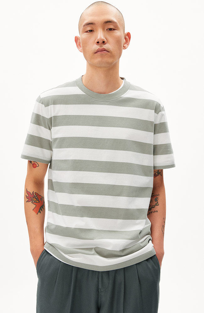 ARMEDANGELS | Bahaar stripes oat gray green organic cotton t-shirt men | Sophie Stone
