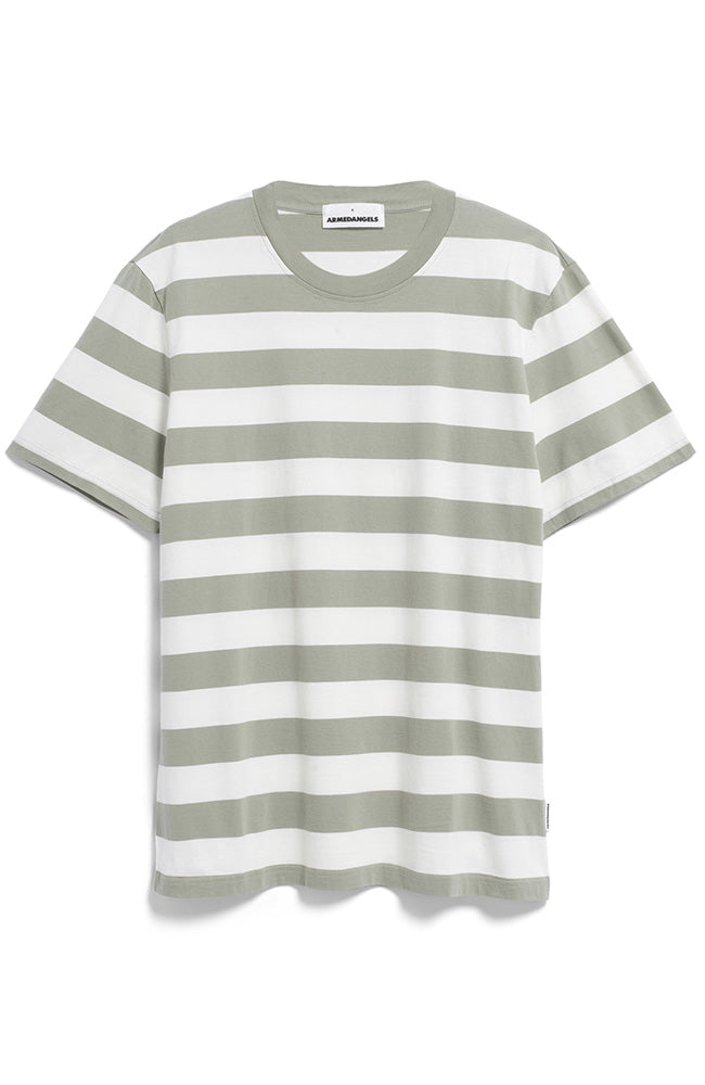 ARMEDANGELS | Bahaar stripes oat gray green durable cotton t-shirt men | Sophie Stone