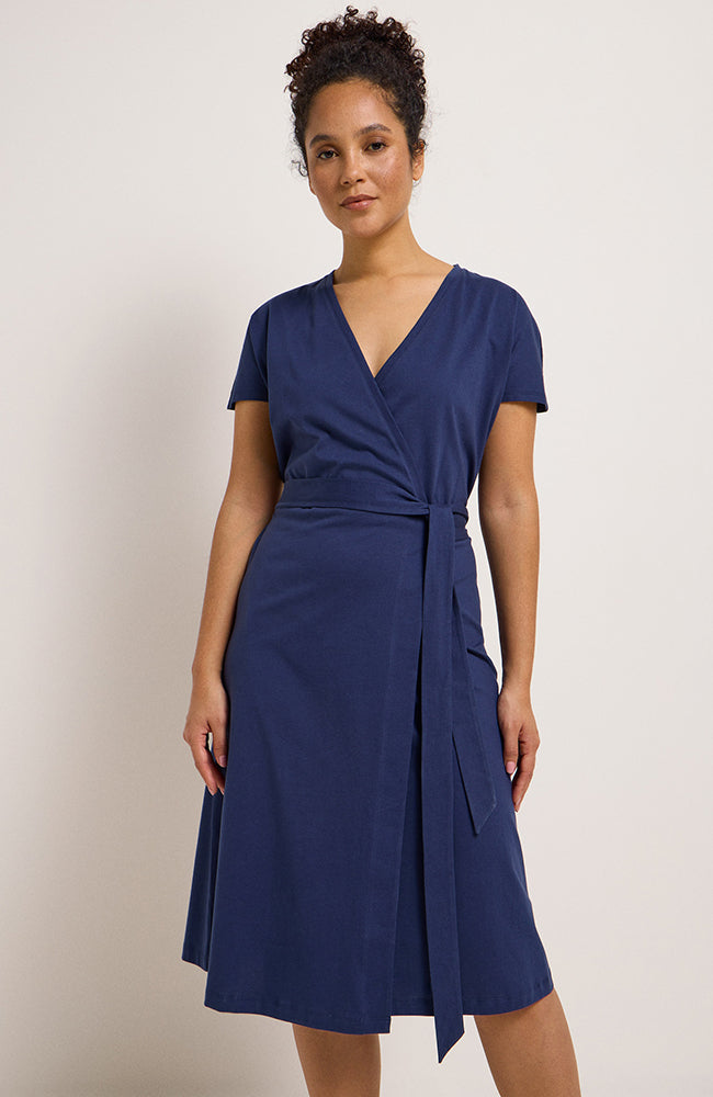 Lanius wrap dress in dark blue in organic cotton for women | Sophie Stone