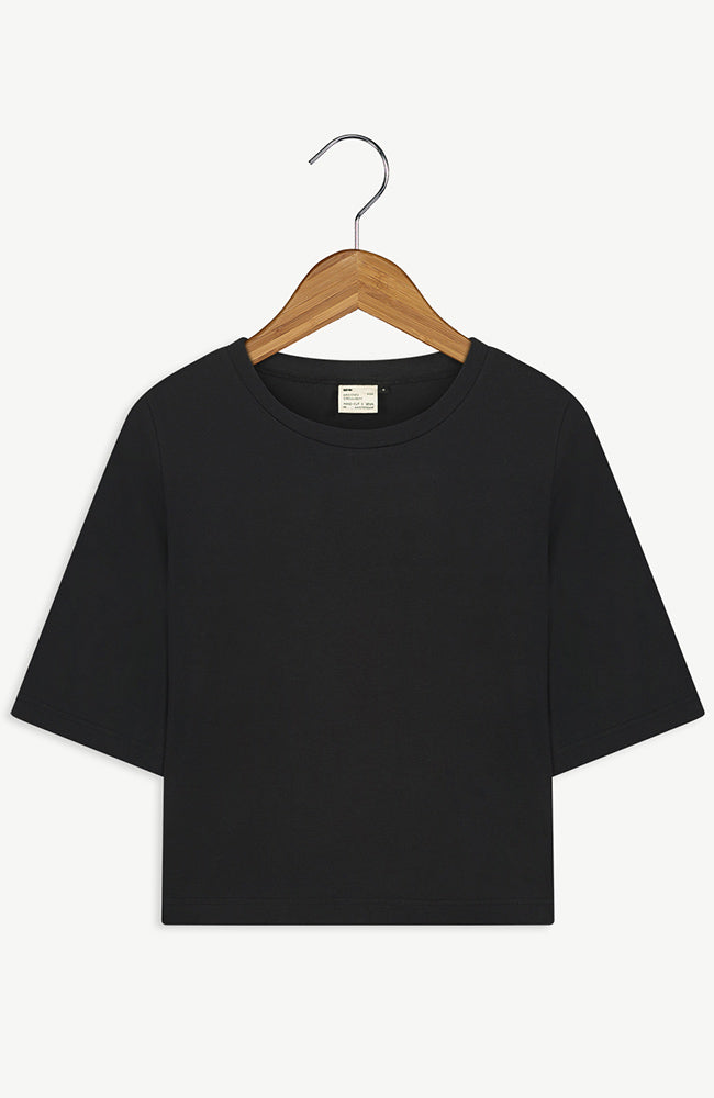 NEW OPTIMIST vrouw Rondine t-shirt zwart van duurzaam katoen | Sophie Stone