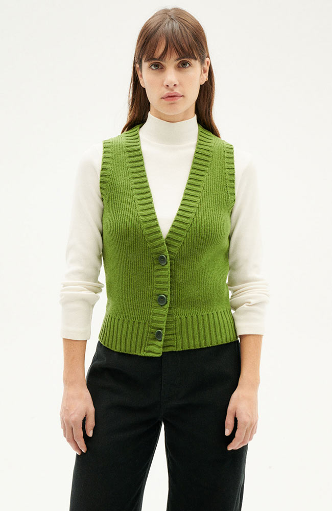 Thinking MU Parrot green ginger knitted cardigan from sustainable wool | Sophie Stone
