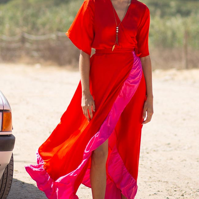 Poppyfield Dani wrap dress red pink from OEKO-TEX viscose ladies | Sophie Stone 