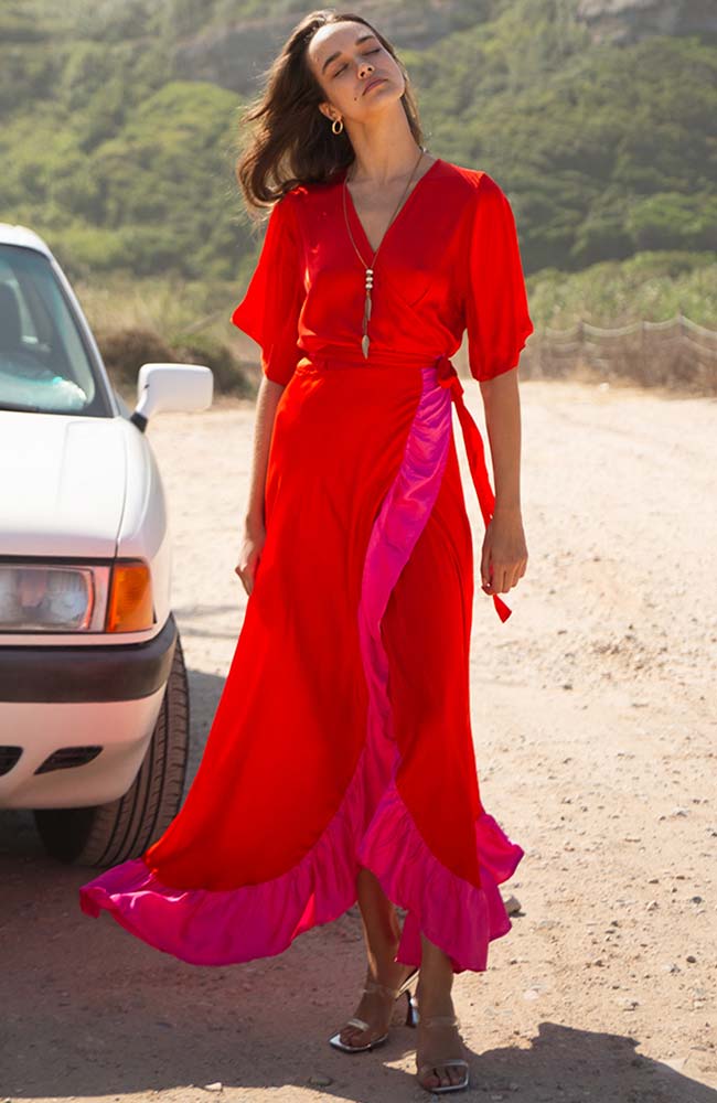 Poppyfield Dani wrap dress red from OEKO-TEX viscose ladies | Sophie Stone 