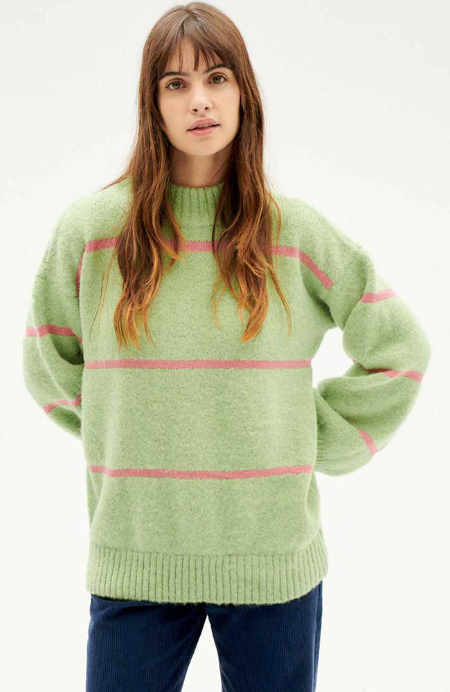 Thinking Mu Madi Stripes trui groen gemaakt van fijne wol | Sophie Stone