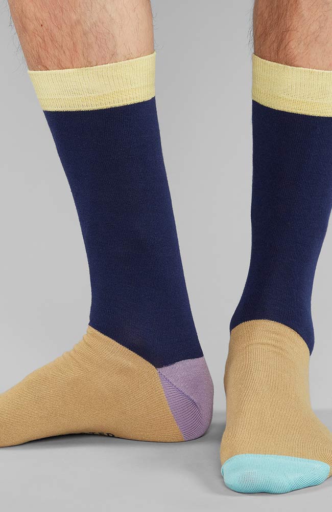 Dedicated Sigtuna beige split socks blue brown | Sophie Stone