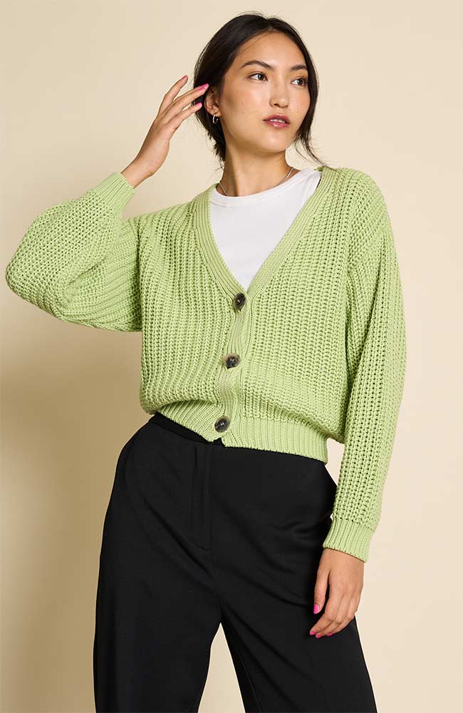 Jan 'n June Lena knitted cardigan matcha from organic cotton | Sophie Stone