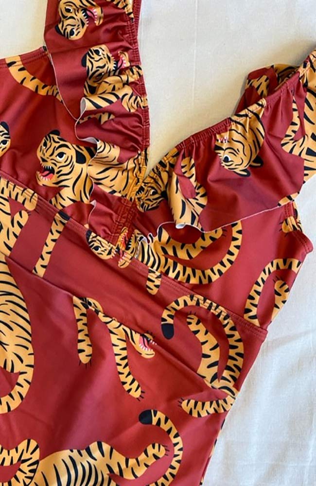 AAVA swimming costume Andra red with tigers by Sophie Stone