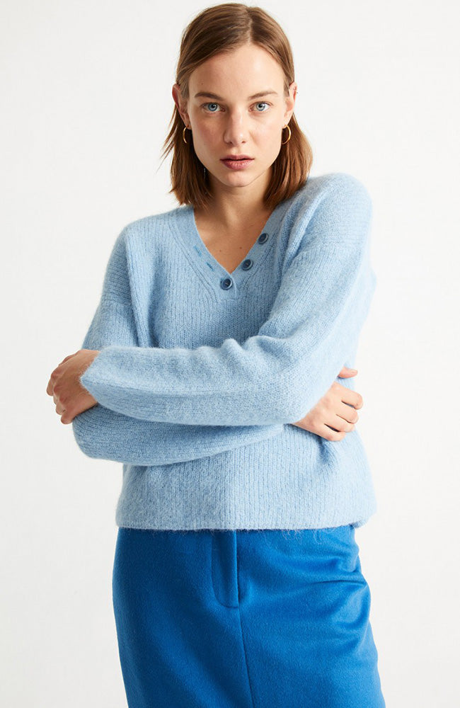 Thinking Mu Blue Holly v-neck knitted jumper | Sophie Stone