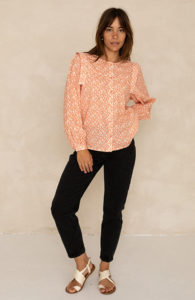 J label Renu blouse ikat peach from dead stock cotton and viscose | Sophie Stone